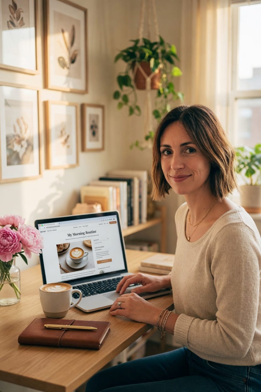 Writer at a warm desk with coffee and a laptop