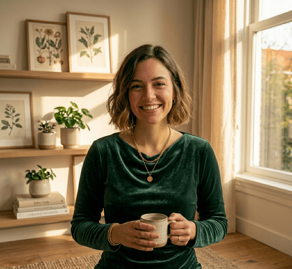 Woman holding a warm mug in a sunlit room with plants and botanical prints